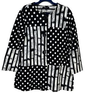 Yushi Black Cream Woven Knit Button Jacket Lagenlook Artsy Polka Dot Stripes L
